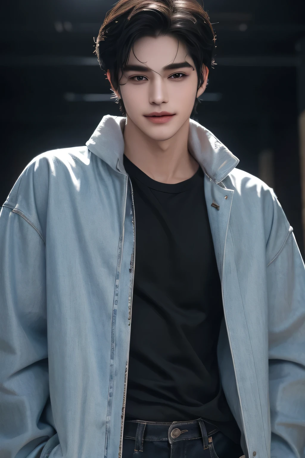 ((highest quality, 8K, masterpiece: 1.3)), New York City、Handsome boy in street fashion:1.5, 20-year-old、Delinquent boy、 well-groomed face, black hair color、thin face、(white skin:1.5)、whole body、black eyes、boy with makeup、Super handsome、y eyes、Extra-fine face, handsome nose, small eyes and face, beautiful lighting, High resolution, detailed mouth, laughing out loud, Laughter、Delighted、whole body: 1.5, perfect body shape、super slim,medium hair、STUSSY clothes、Oversized clothes、same clothes