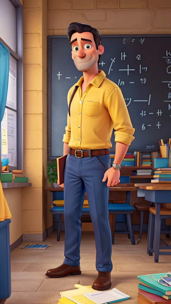 Jon Hamm, Cartoons in yellow shirt and blue pants, arms crossed, black hair and beard, math teacher, word math,holding math books, olhando para frente e sorrindo com os dentes aparecendo;