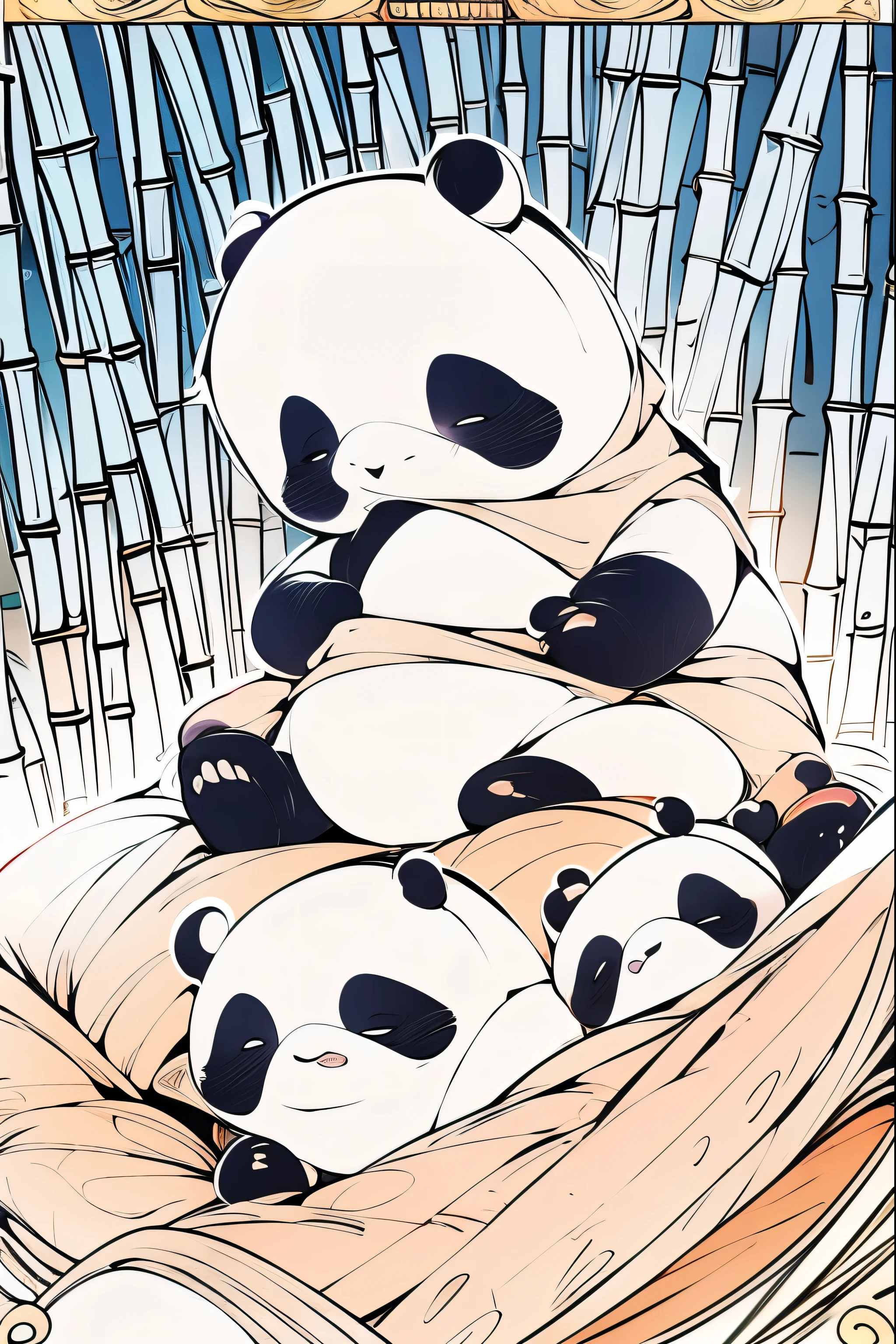 Masterpiece, coloring-book, lineart, perfect lineart, comic style, cute pandas in bamboo village