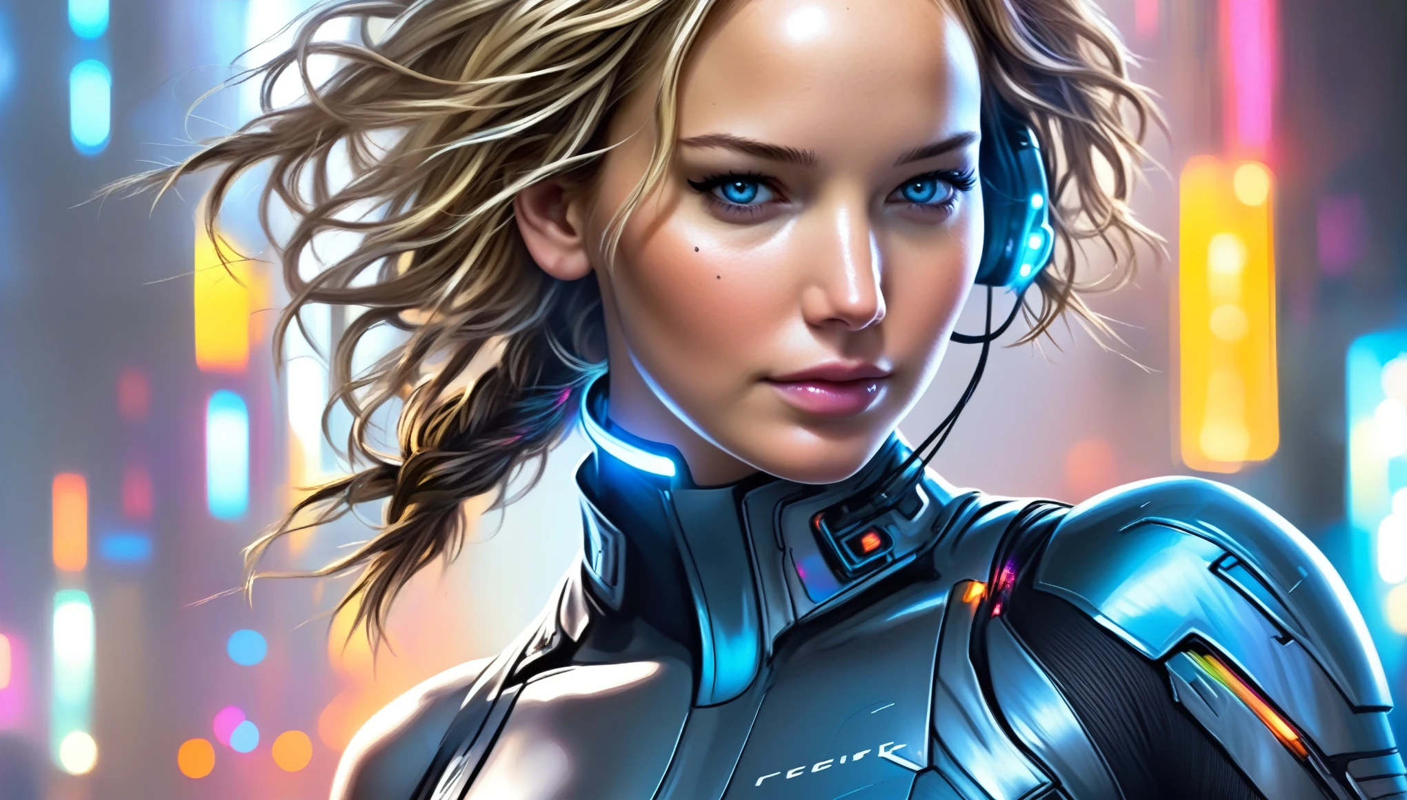 al estilo de Artgerm, estilo ciberpunk, 1 mujer, Cíborg Jennifer Lawrence, cuerpo completo shot, ropa ciberpunk, enfoque femenino, fondo cyberpunk colorido brillante, robot, Science fiction, solo, cuerpo completo, alambres y cables,