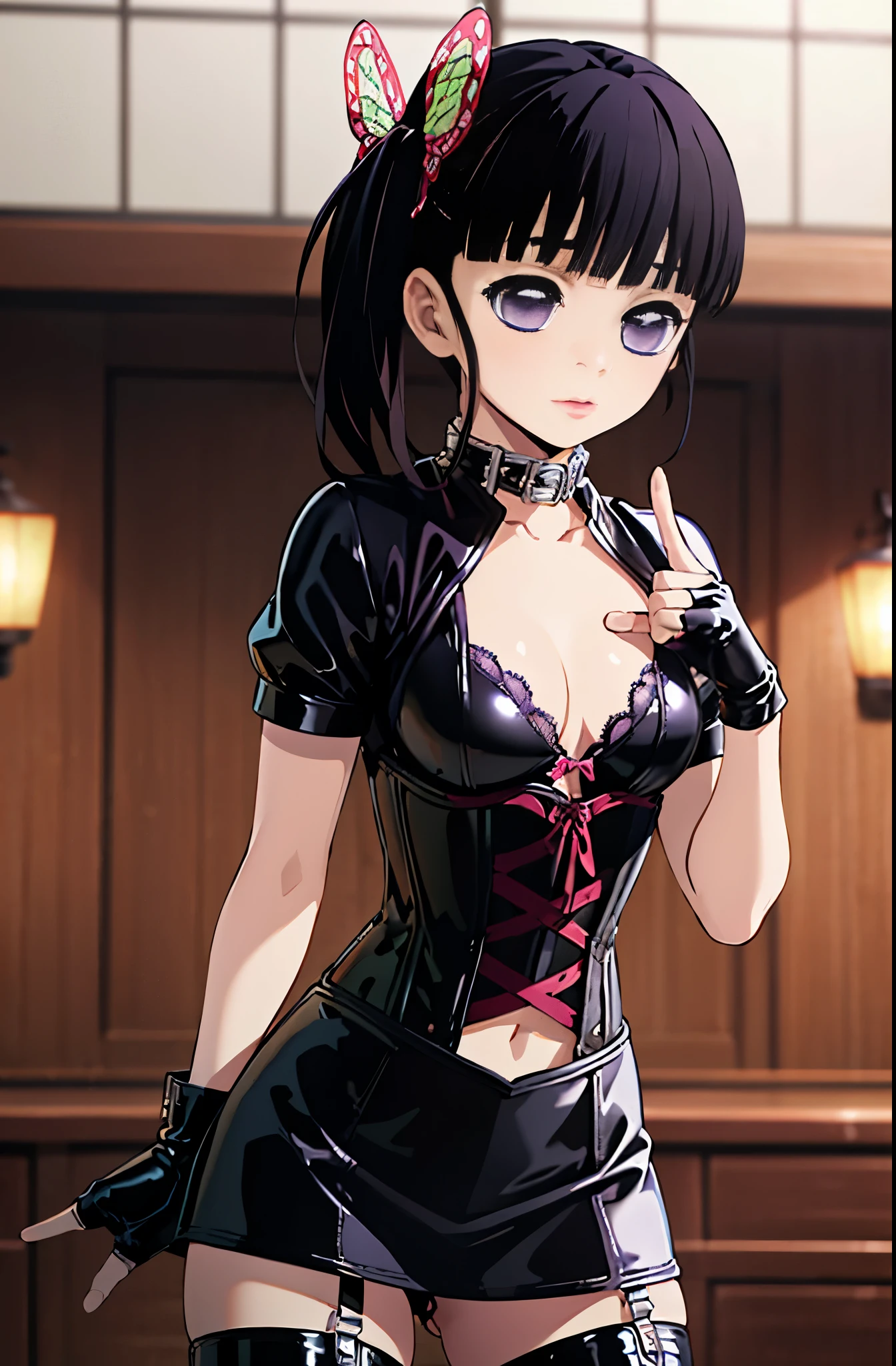 BDSM、Queen、mistress、(((One girl)))、solo、(((Long gloves covered to the fingertips in black latex:1.4 )))、(((Black latex corset dress:1.4)))、(((The corset dress is decorated with beautiful lace.)))、(((Corset dress with shoulder straps)))、(((Black latex tight mini skirt:1.4)))、(((Black Thigh Boots)))、Stiletto heels、(((Black latex panties)))、(((Black latex bra)))、(((Black leather collar)))、(((Sexy pose)))、Wide-open legs、(((Erotic)))、(((Cowboy Shot)))、(((Purple eyes)))、Expressionlesasterpiece)、(highest quality)、High resolution、 High resolution、完璧なmasterpiece、highest quality、Soft and dim lighting、Good lighting、8k、wallpaper、Side lighting、Perfect lighting、Focus Only、Shiny skin、Detailed eyes and face、プロの写真撮Shadow照明、((look forward to:1.2))、((Upper Body:1.2))、highest quality、Natural light、 Shadow、(Focal length blur:1.4)、(masterpiece, highest quality, Familiar), 1 girl, alone, Looking at the audience, Kanadev, Purple eyes, Black Hair, Long Hair, blunt bangs, bangs, hair ornaments, bug, butterfly, Side Ponytail, butterflyのhair ornaments,in the forest、wood々のwood洩れ日、