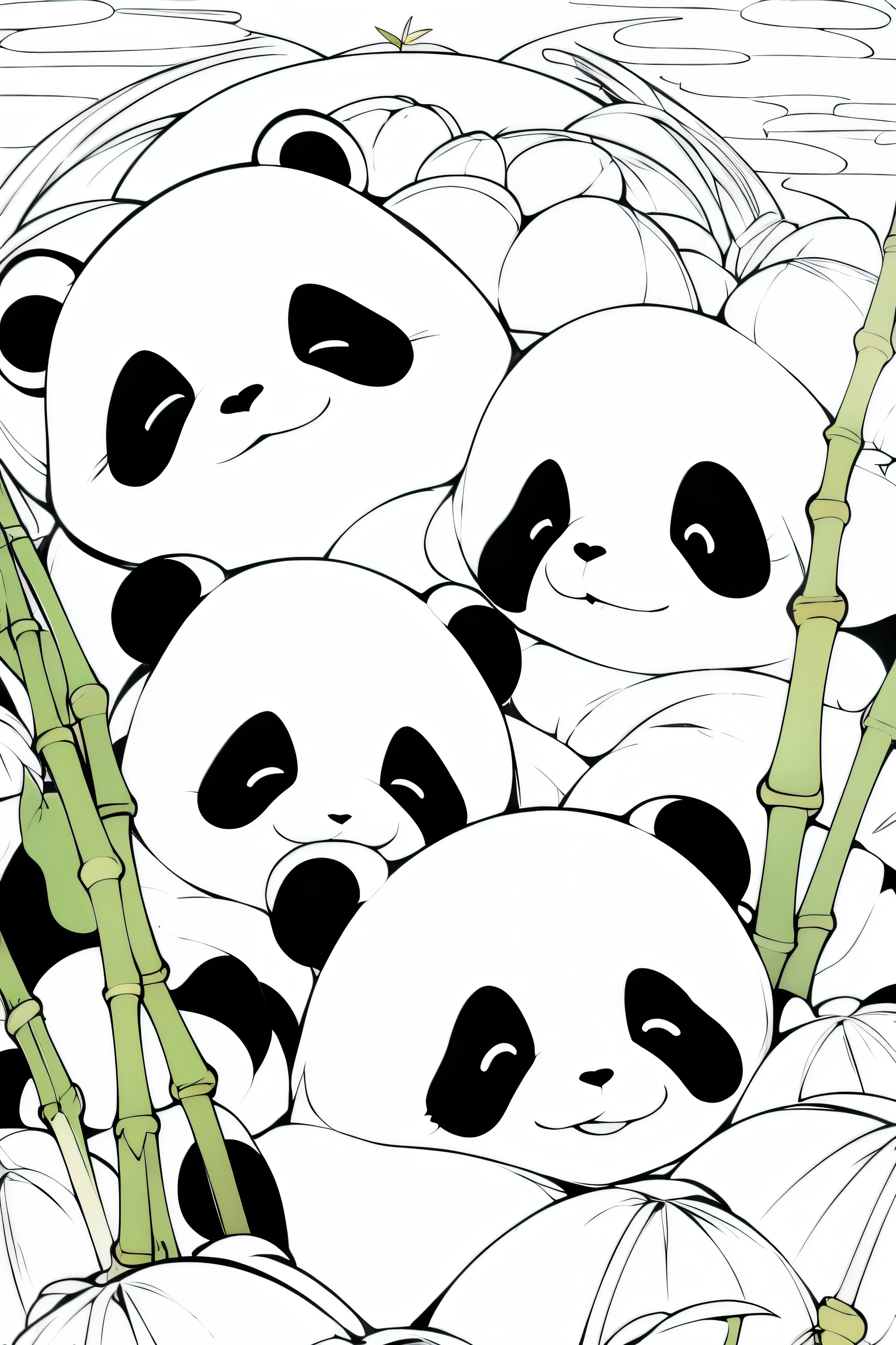 Masterpiece, coloring-book, lineart, perfect lineart, comic style, cute pandas in bamboo village