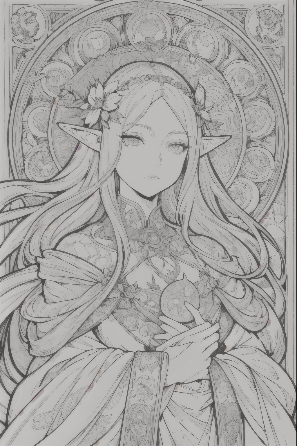 Tarot Cards, 1 Elf girl,Portrait of the face of a European elf,Shapeless long hair, Shiny skin, Detailed face, Wearing patterned robes, Sumeru,cloud, moon,((Tarot Cardsのレイアウト)),highest quality, masterpiece, (Realistic:0.6), Realistic lighting,Floral frame, Decorative panel, Abstract art, (Alphonse Mucha) (masterpiece, highest quality, 8k, Very detailed, Intricate details, 4K,Cerulean, Line art, Fibonacci.