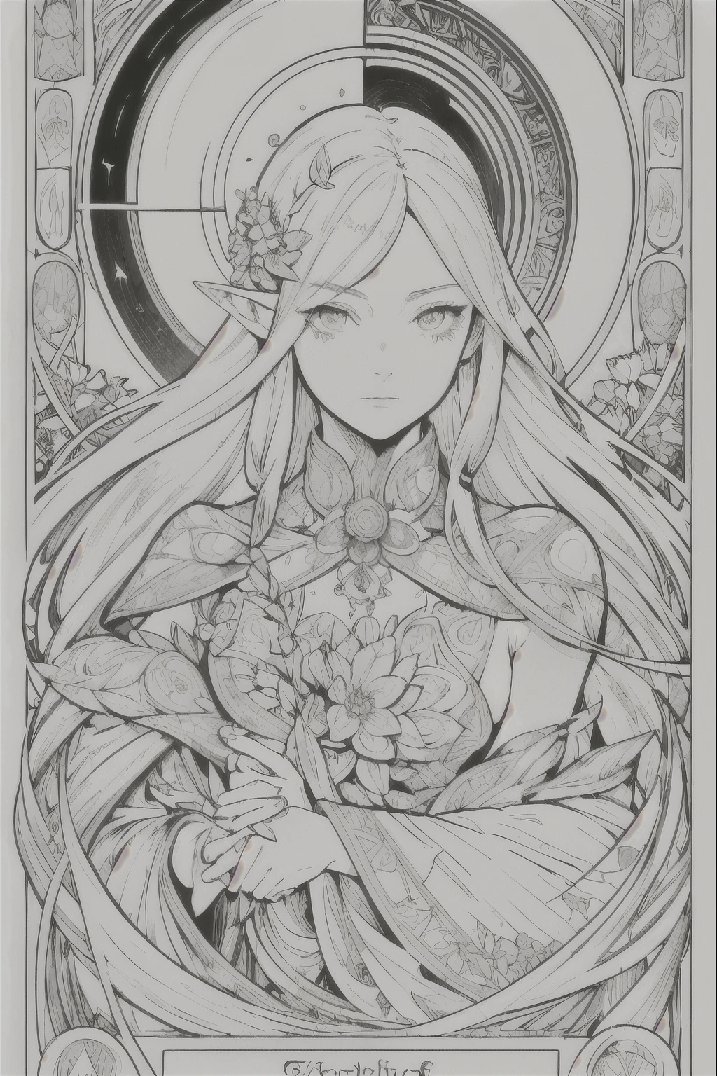 Tarot Cards, 1 Elf girl，Portrait of the face of a European elf，Shapeless long hair, Shiny skin, Detailed face, Wearing patterned robes， Sumeru，cloud, moon，((Tarot Cardsのレイアウト))，highest quality, masterpiece, (Realistic:0.6), Realistic lighting,Floral frame， Decorative panel， Abstract art， (Alphonse Mucha) （masterpiece， highest quality, 8k, Very detailed， Intricate details， 4K，Cerulean， Line art， Fibonacci.