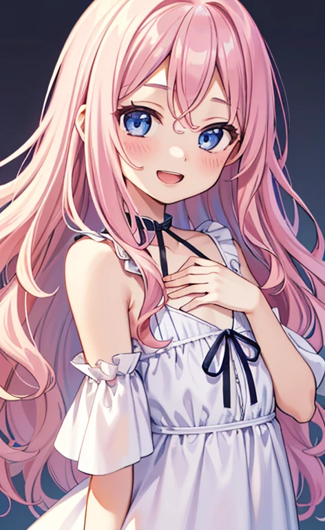 (masterpiece:1.4、top-quality、illustration:,realistic、)、(character focus、,upper body:1.3)、(1girl),(Open mouth happy smile:1.3),(),cute face,blue eyes、(tareme:1.3)、
,(stand:1.4),(pink blonde hair),
,(slender),(loose dress:1.3),
(volumey,sidelocks,wavy hair:1.3), (flat chest:1.3)、
、slender、