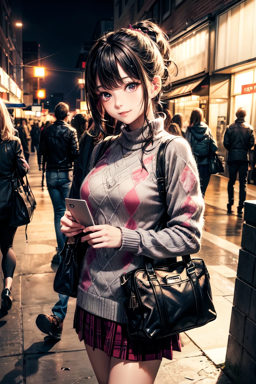very cute and beautiful girl,(highly detailed beautiful face),
(smile:1.2),happy,embarrassed,looking at viewer,(argyle pattern sweater),cowboy shot,(white and pink plaid skirt),
standing in front of hotel entrance in modern capital city,night,holding tote bag,black hair,low ponytail,
(best quality,masterpiece),absurdres,highres,ultra-detailed,extremely detailed,32k,8k resolution,
intricate details,cinematic scene,detailed background,solo,dynamic angle,