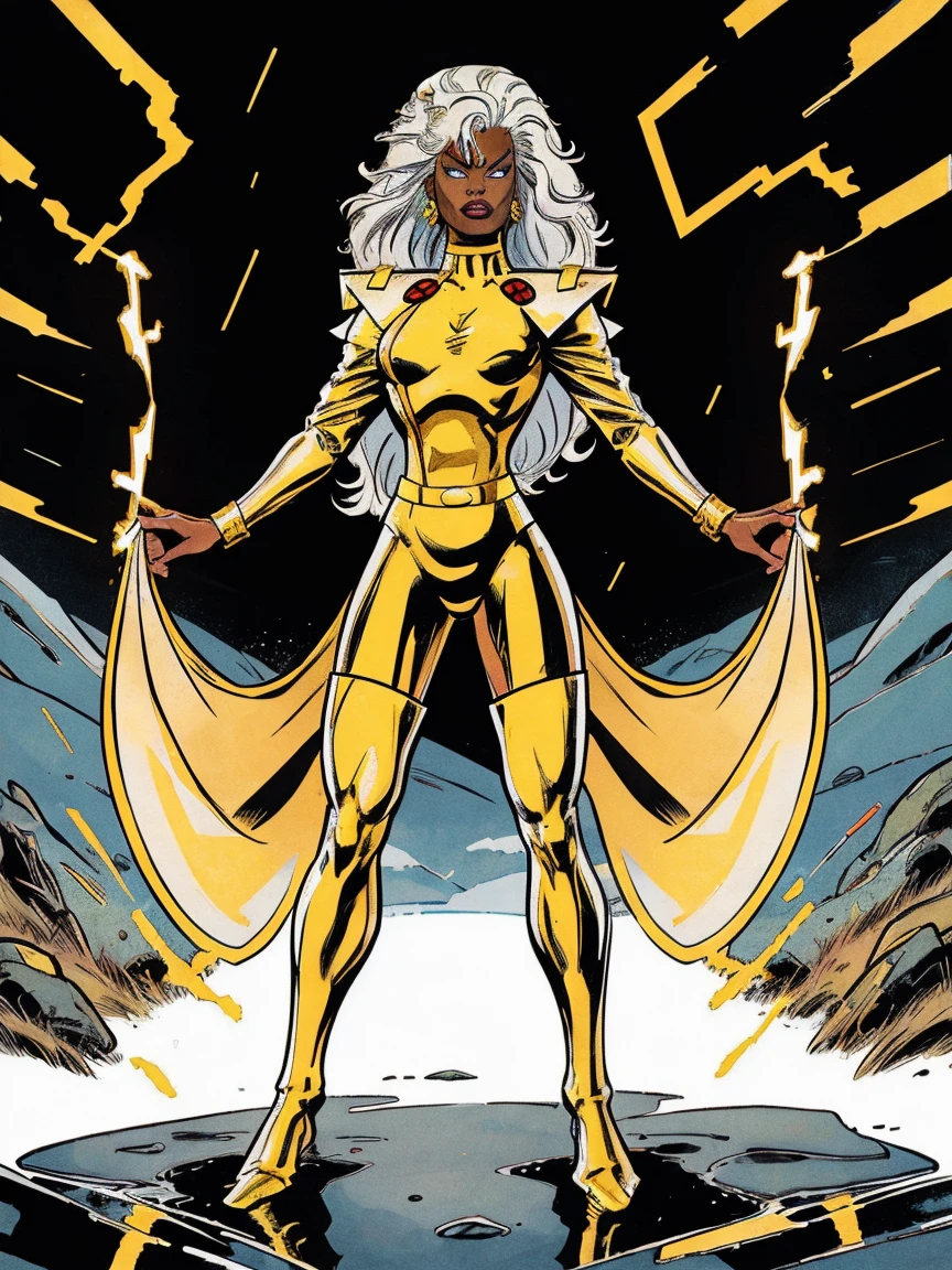 ((Full body photo,standing, feet on the ground))CARTOON_X_MENs_Storm,A white-haired warrior girl with yellow eyes wearing black and gold CARTOON_X_MENs_Storm, armor, black skin, flying pose

