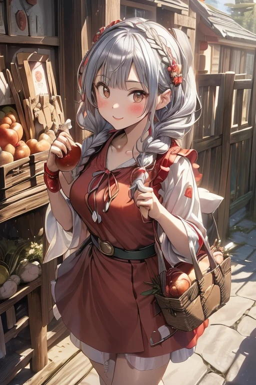 (ukiyoe painting:1.3),(3D Animation:1.3),(Fantasy style costumes),(Grimm fairy tale world),(Little Red Riding Hood,Little Red Riding Hood,red riding hood:1.3),(farmhouse entrance:1.3),(red little red riding hood:1.3),(((Red Tunic:1.3))),(((apples and bread in the basket),Cute and beautiful girl,Cute round face,Cute smile,with blush cheeks,Red Lip,(silver white hair,Floral braided headband,half up、Floral Braided Space Van,Voluminous Fishtail Braids,Twisted chignon,),(Bangs are see-through bangs),hair pin,hair adornments,detailed clothes features,Detailed hair features,detailed facial features,(Dynamic angles),(Dynamic and sexy poses),clothes that emphasize big breasts,Cinematic Light,(masutepiece,top-quality,Ultra-high resolution output image,depth of fields,intricate detailes,Make the subject look three-dimensional with the contrast of light and shadow,) ,(The 8k quality,Anatomically accurate facial structure,),(Sea Art 2 Mode:1.3),(Image Mode Ultra HD,)