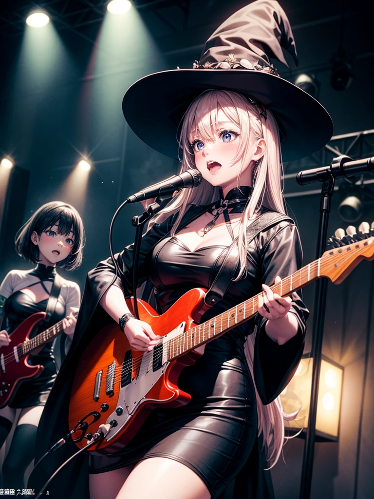 A three-woman metal band dressed in witch costumes、Arrived in Japan and held a mass at a live venue、Neck slashing pose、The intense performance was a huge success、Metal band performance、Fearless expression、Live venue lighting、The band&#39;s concept was a reaction to the witch hunts that swept through medieval Europe.、Guitar 1