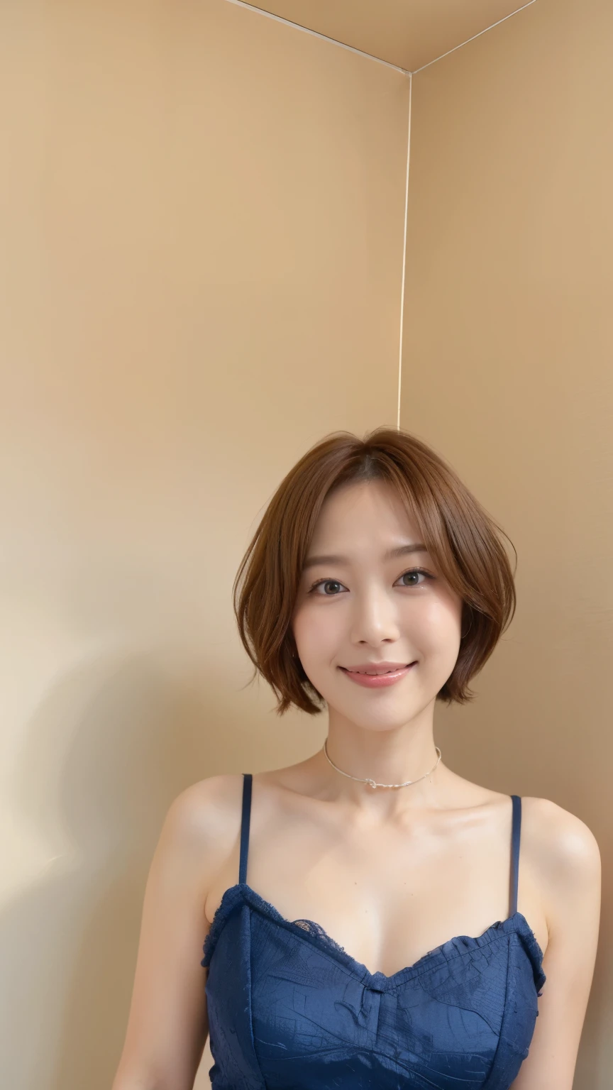 8k, super detail, best quality, textured skin, anatomically correct, masterpiece , top quality, cinematic lighting, Use perspective throughout , surrealism , ,(photorealistic:1. 3),(RAW photo) , black hair, light smile, short hair, bob cut, anaglyph, stereogram, (MILF:1), (38 years old), ((Close:0.5)), glare, double eyelids, lip gloss, (smile:1), ((eyes closed:0.85)), red mouth, collar bone, ((looking at viewer)), (short auburn hair wet and shiny), (full body in view) , Slightly thicker body shape , wide-eyed eyes , perfectly round eyes , fine texture ,(Inside a luxury boutique:1.5)、(Wearing a formal blue dress:1.5)、(Clothes with frilly collars:1.5)、(smile:1.3)、(Watching the audience:1.2)、(Full body photo:1.5)