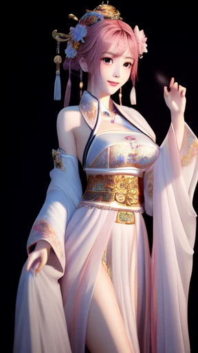 whole body，Standing，An ancient beauty, Be focused: 1.3, Chinese Girl，Model figure: 1.5, Large Breasts: 1.2，Slightly fat，Pink Hair，Heroine Theme，Very tender breasts, Happy expression, Everlasting: 1.2，Highly detailed face and skin texture, Delicateeyes, Double eyelids，chiffon，Chinese clothes，black background