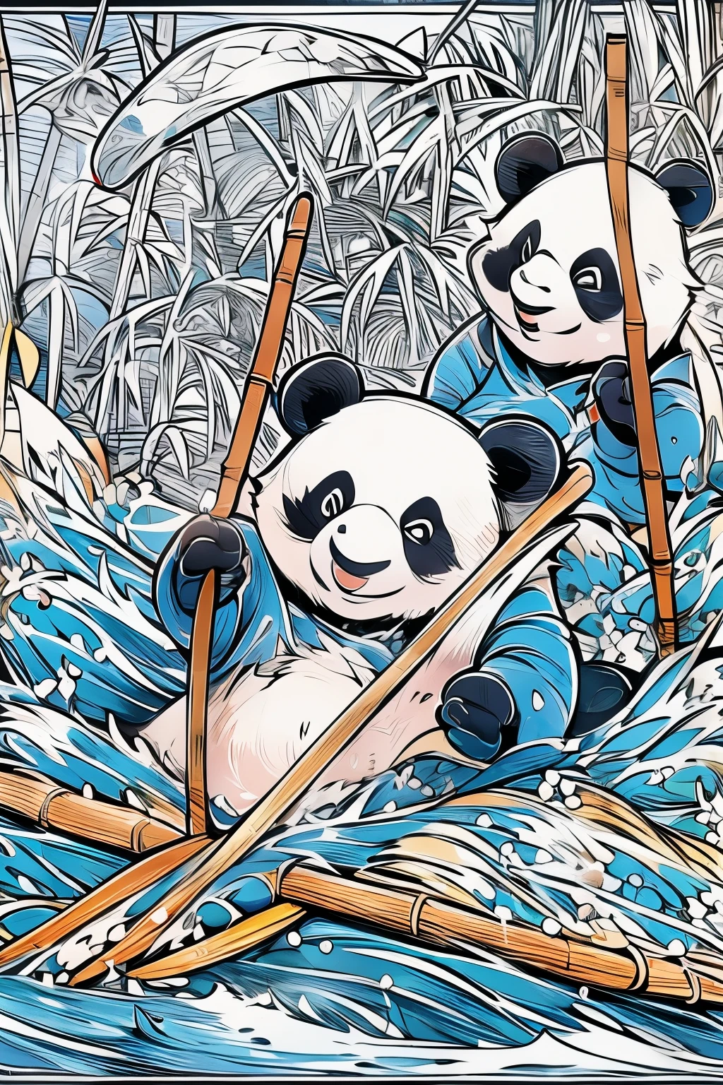 masterpiece, coloring-book, Panda bears surfing on bamboo beach, line art, bold lineart