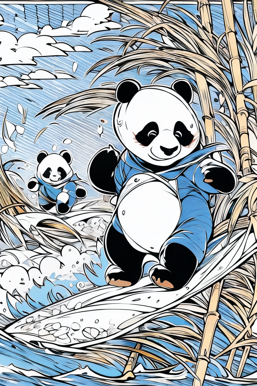 masterpiece, coloring-book, Panda bears surfing on bamboo beach, line art, bold lineart