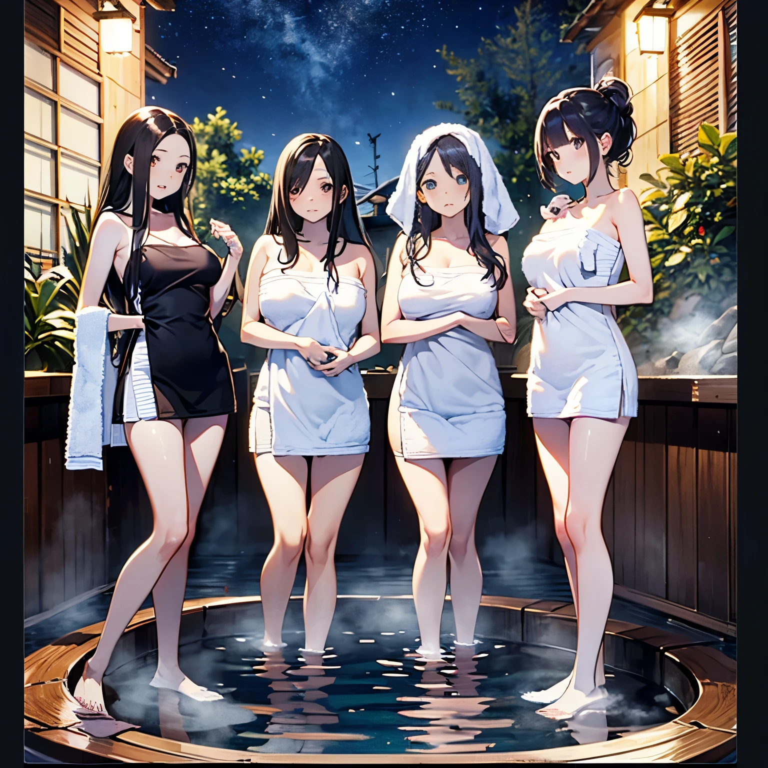 A group of women set in a medieval fantasy world、Dragon Quest、 (At the hot spring:1.5), Mr.々Hair style, Harem, night, Detailed aspect,  Seduce, ((Transparent towel:1.5))、Huge Breasts、Big Ass、wide waist width、The nipples are erect、Crouch:1.5