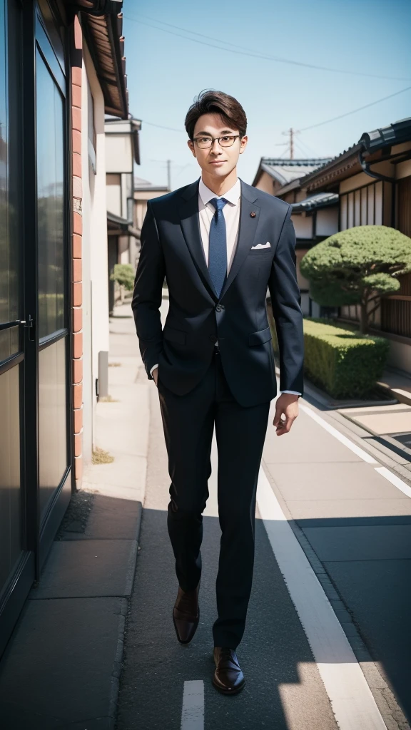 1boy, teacher, blazer and business suit, nerd, glasses, realistic, short hair, full body, wide angle, 8k, photography, japan teacher, full body, standing