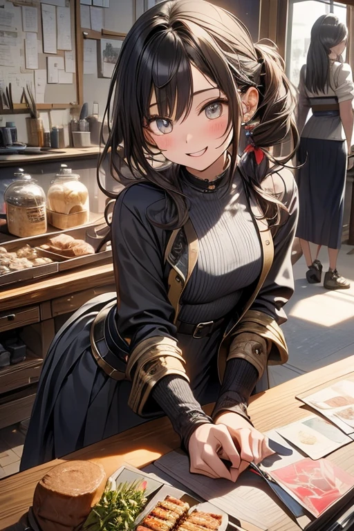 (fantasy:1.5),(anime,8k,masterpiece, top quality, best quality,beautiful and aesthetic:1.2,professional illustrasion:1.1,ultra detail:1.3,perfect lighting),extremely detailed,highest detailed,incredibly absurdres , highres, ultra detailed,intricate:1.6,(Alchemy Workshop:1.4),A girl mixing,Medicine in many small bottles,holding small potion,cute colorful:1.5,zentangle,(1girl),(girl),(Military uniform, bulletproof jacket), (double breasted,under bust:1.2), sitting at a table, cute, highest quality visual of a cute girl,eating cakes, young girl, guweiz, high quality artstyle, girl, artwork in the style of guweiz, beautiful girl, pretty girl, (highly detailed beautiful face and eyes,firm breasts),oily skin,((black,hair,long pony tail hair)),thin pubic hair,cute,lovely,24 years old,alchemist costume,Merchant's Clothing,smile,seductive weak smiling,(with sparkling eyes and a contagious smile),open mouth, Looking at Viewer,