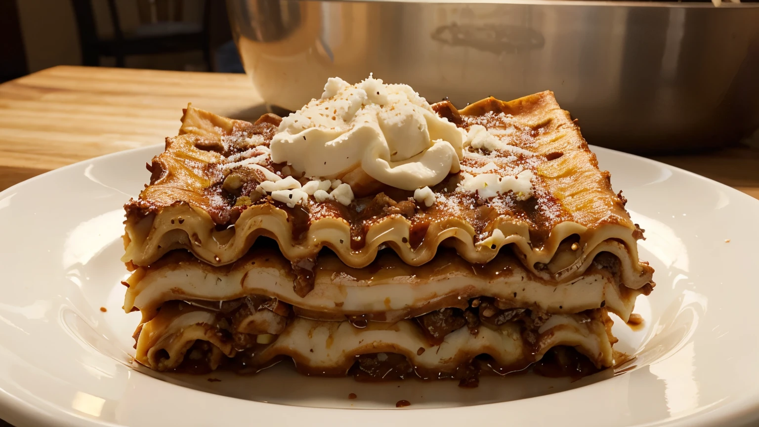 Coffee eating lasagna