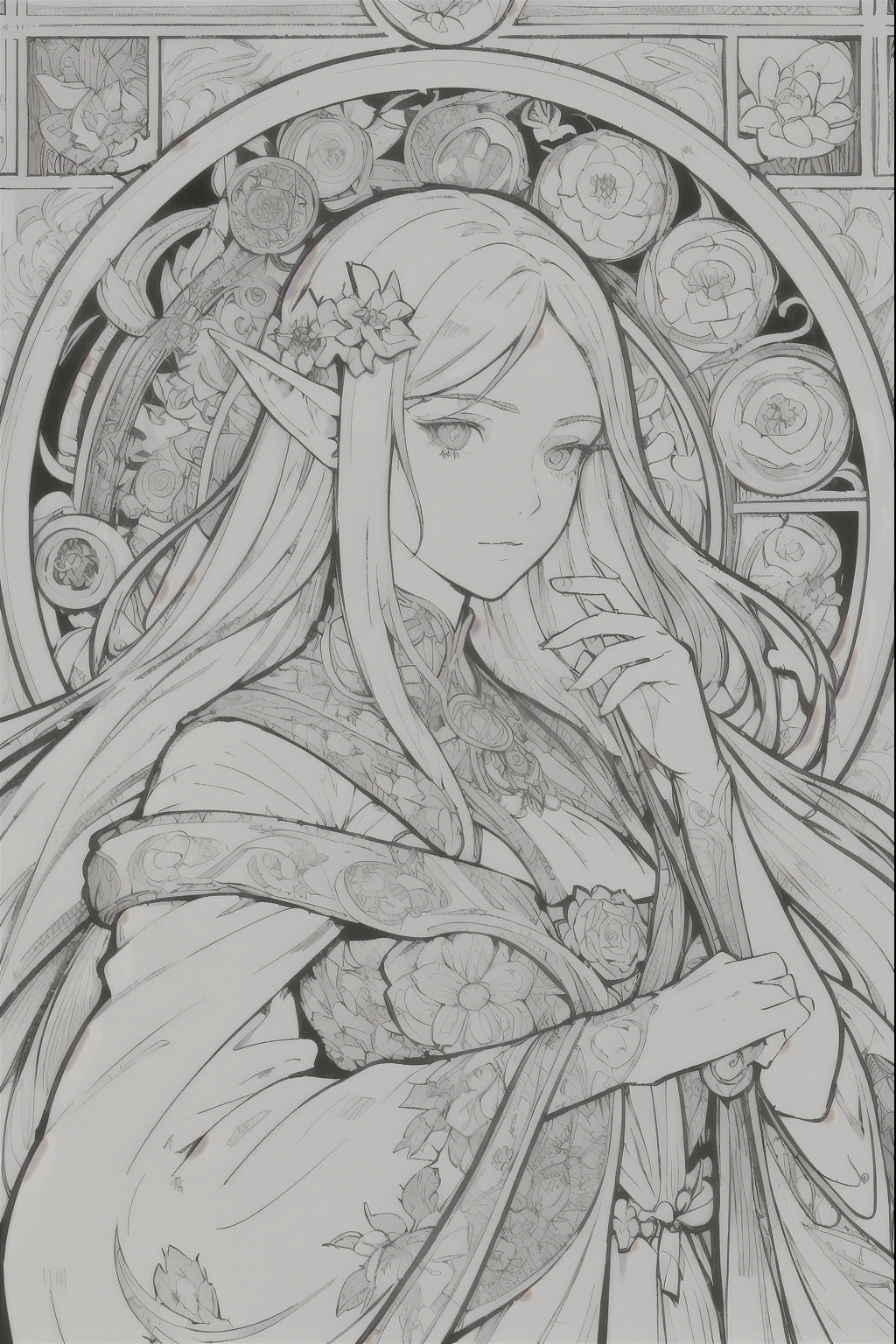 Tarot Cards, 1 Elf girl,Portrait of the face of a European elf,Shapeless long hair, Shiny skin, Detailed face, Wearing patterned robes, Sumeru,cloud, moon,((Tarot Cardsのレイアウト)),highest quality, masterpiece, (Realistic:0.6), Realistic lighting,Floral frame, Decorative panel, Abstract art, (Alphonse Mucha) (masterpiece, highest quality, 8k, Very detailed, Intricate details, 4K,Cerulean, Line art, Fibonacci.