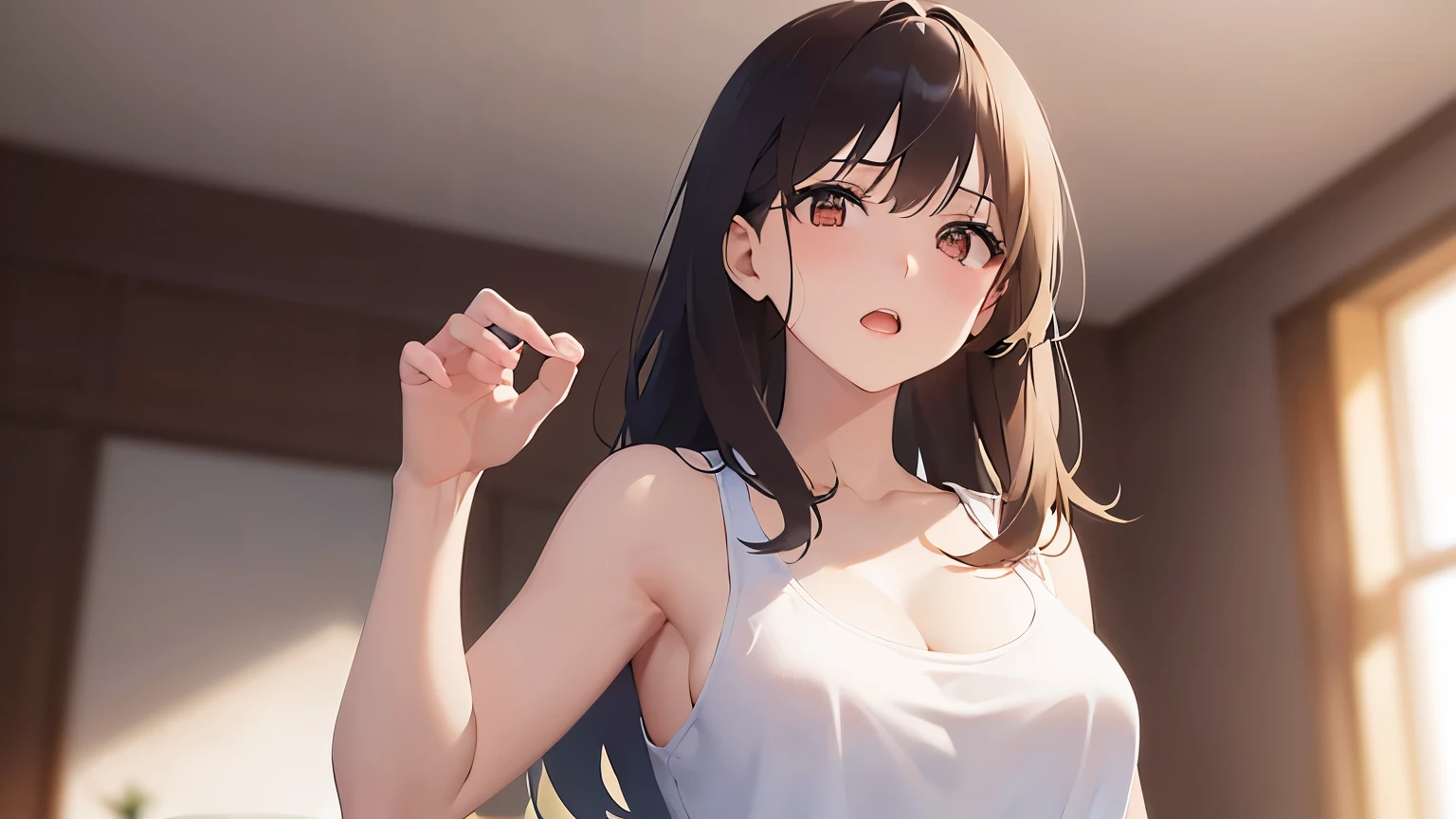 raising hand, Biologically correct five fingers、Cleavage、Upper Body, Realistic, real person, (pale skin: 1.2), RAW photo, photorealistic, shiny skin, shiny hair、(A 25-year-old woman with medium-length hair and bangs) and (wavy hair) and (brown hair) and (orange eyes) , Wearing a white tank top 、surprised, open mouth, The background is the living room、Alone、Are standing