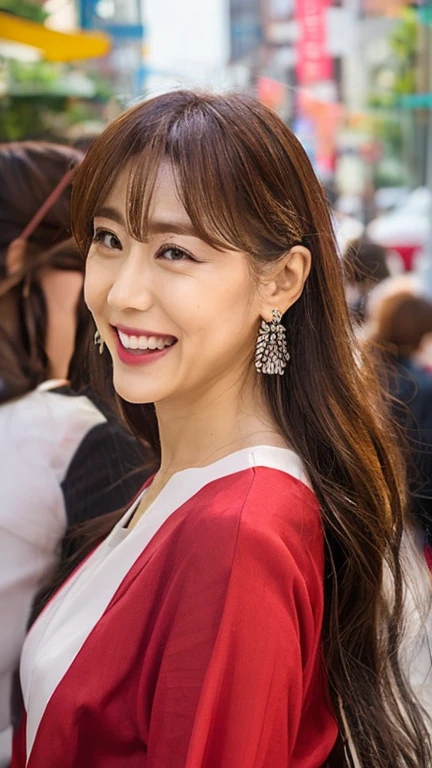 NSFW, ((highest quality)), ((8K)), ((masterpiece:1.3)), (perfect look), (photorealism:1.6), (walking woman), (Festival venue crowded with people), (Alley lined with stalls on both sides), japanese woman, 60 years old, ((Realistic skin texture)), (Fine wrinkles throughout the skin: 1.3), (Dull skin: 1.1), (Skin without moisture: 1.2) , (Wrinkles on the face: 0.9), (Wrinkles on the corners of the eyes: 1.2), Double eyelids, tear bags on the lower eyelids, (Crying moles: 0.9), The eyes are looking here, serious gaze, (Dimples: 1.2), red lips, round metal frame glasses, short bangs, long hair, Long hair with curls at the tips, (hair falls over ears), smiling with the corners of the mouth raised, soft fabric off bowtie blouse, wide sleeves, Cuffs that fit your wrist, flare skirt, barefoot, hair fluttering in the wind, small breasts, (whole body: 1.4), (low angle: 1.4),
