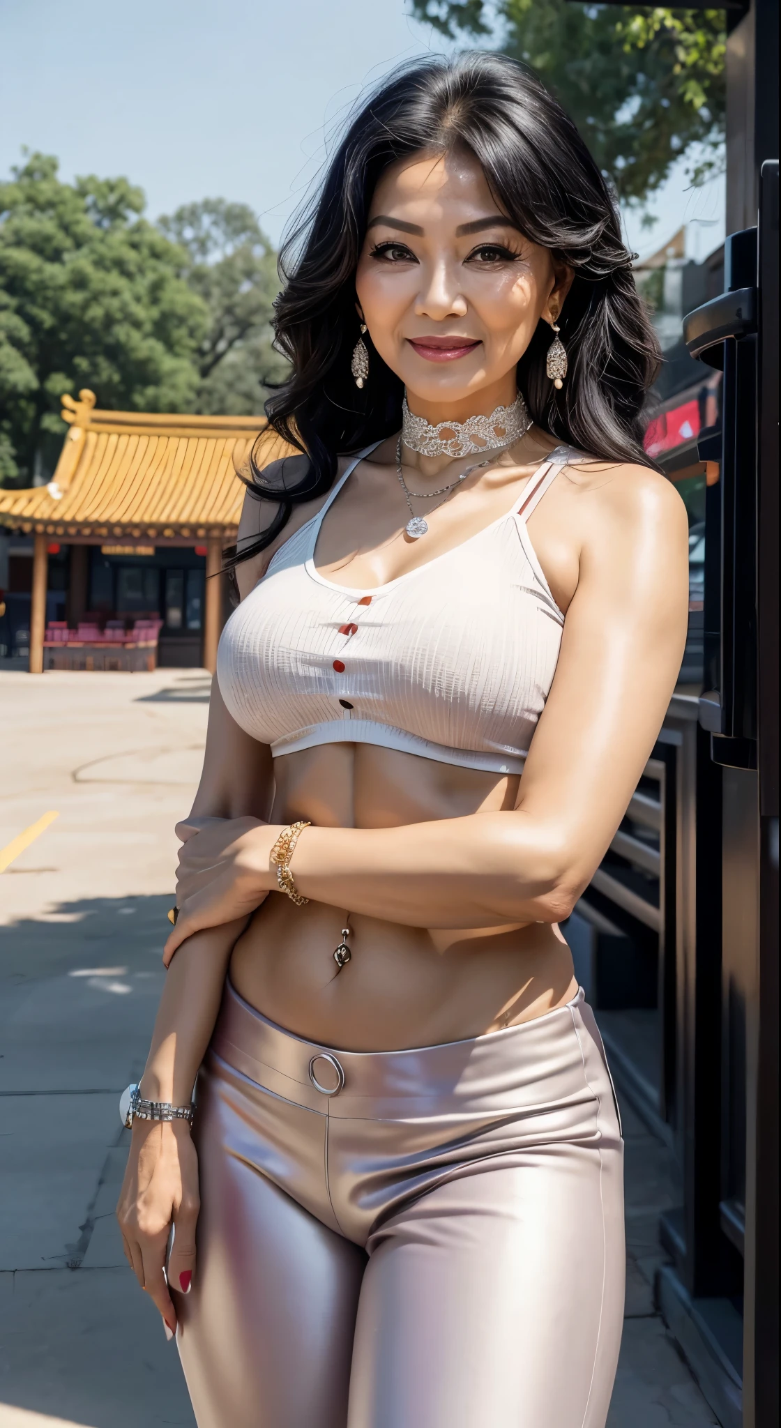 75 years old Mom MILF Chinese Lady large earring Big choker navel piercing decoration A bracelet Silver Hair realisitic Gorgeous Madame Beautiful Mature Woman sexy Smile Gentle woman navel piercing 4K High quality stadium Leather pants Gorgeous Madame Beautiful Mature Woman