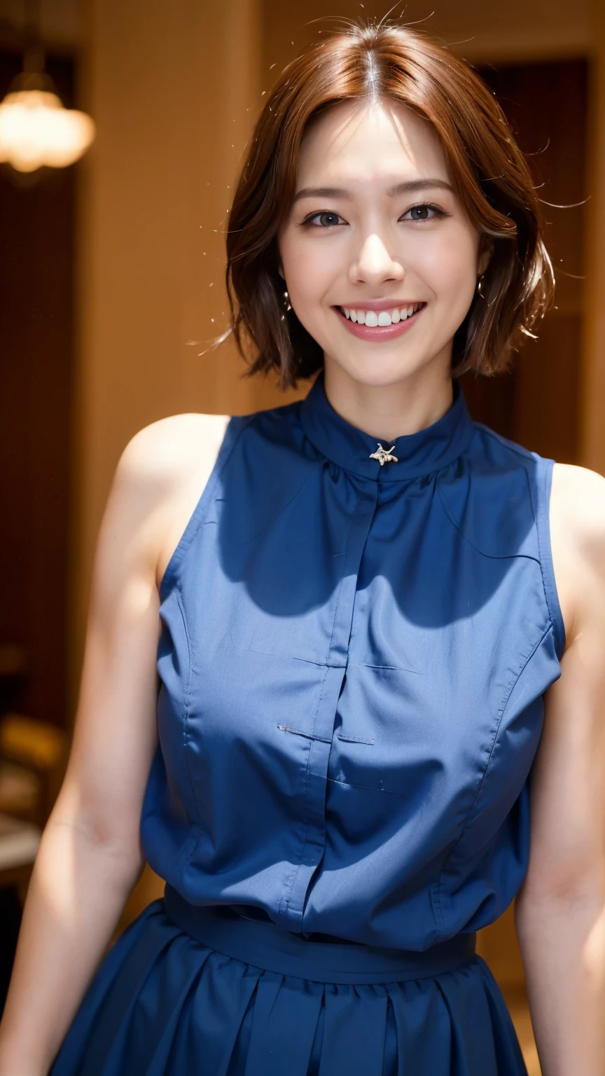 8k, super detail, best quality, textured skin, anatomically correct, masterpiece , top quality, cinematic lighting, Use perspective throughout , surrealism , ,(photorealistic:1. 3),(RAW photo) , black hair, light smile, short hair, bob cut, anaglyph, stereogram, (MILF:1), (38 years old), ((Close:0.5)), glare, double eyelids, lip gloss, (smile:1), ((eyes closed:0.85)), red mouth, collar bone, ((looking at viewer)), (short auburn hair wet and shiny), (full body in view) , Slightly thicker body shape , wide-eyed eyes , perfectly round eyes , fine texture ,(Inside a luxury boutique:1.5)、(Wearing a formal blue dress:1.5)、(Clothes with frilly collars:1.5)、(Knee-length skirt:1.5)、(smile:1.3)、(Watching the audience:1.2)、(Full body photo:1.5)