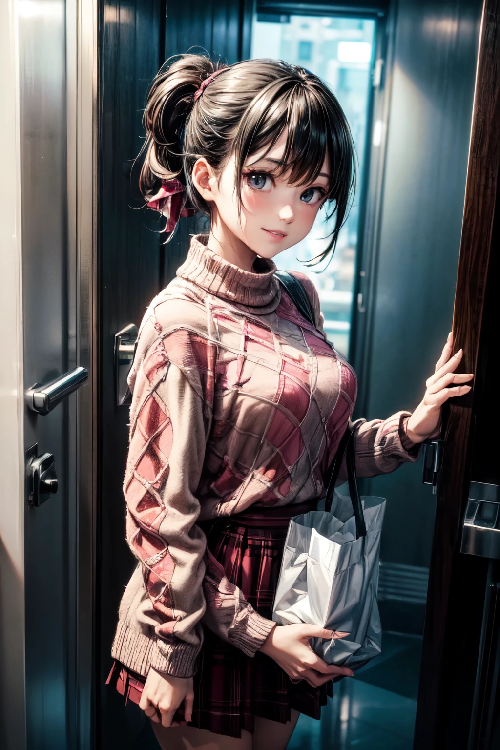 very cute and beautiful girl,(highly detailed beautiful face),
(seductive smile),looking up,looking at viewer,(argyle pattern sweater),cowboy shot,(white and pink plaid skirt),
standing in luxury elevator in hotel,night city view,holding tote bag,black hair,low ponytail,
(best quality,masterpiece),absurdres,highres,ultra-detailed,extremely detailed,32k,8k resolution,
intricate details,cinematic scene,detailed background,solo,dynamic angle,