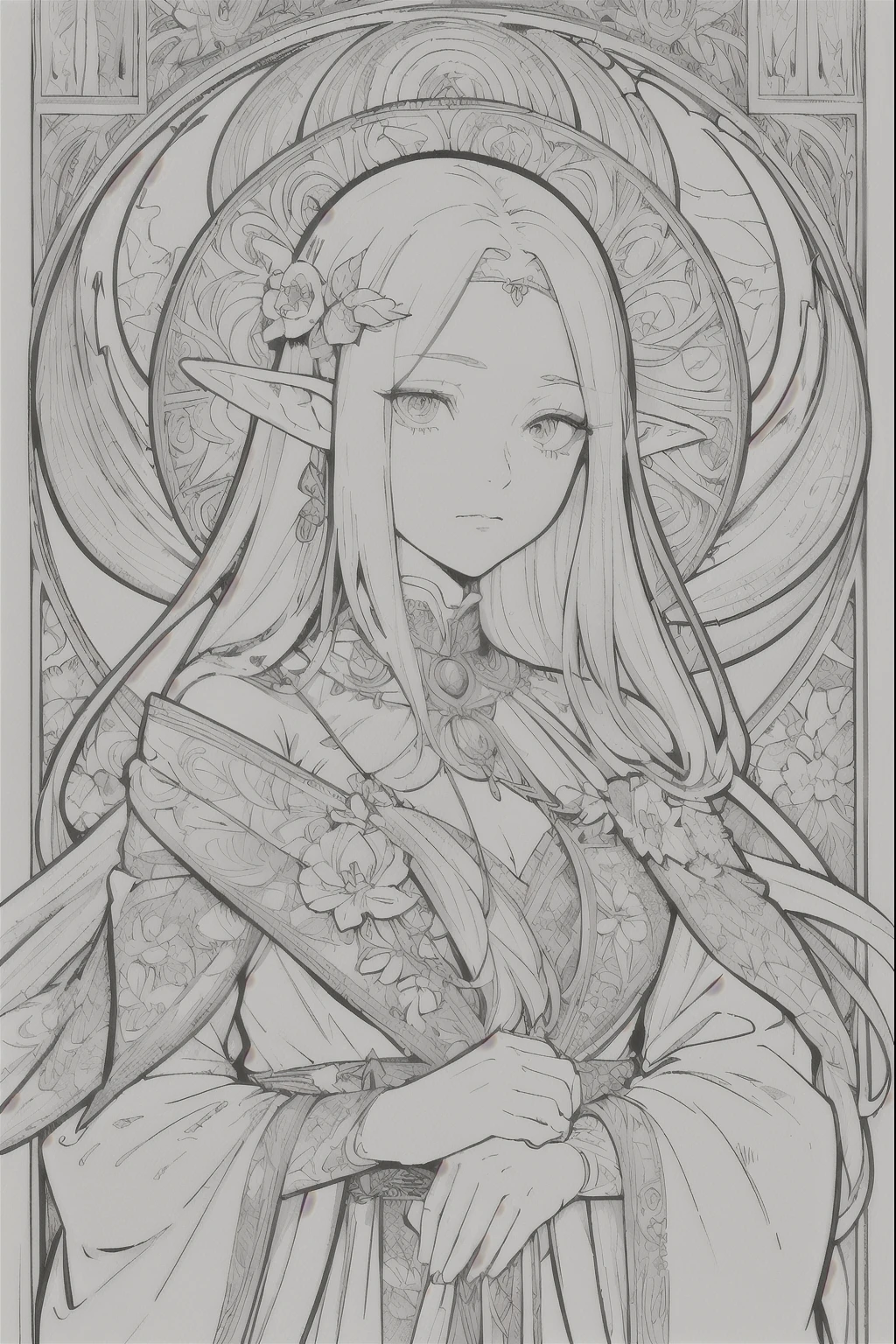 Tarot Cards, 1 Elf girl,Portrait of the face of a European elf,Shapeless long hair, Shiny skin, Detailed face, Wearing patterned robes, Sumeru,cloud, moon,((Tarot Cardsのレイアウト)),highest quality, masterpiece, (Realistic:0.6), Realistic lighting,Floral frame, Decorative panel, Abstract art, (Alphonse Mucha) (masterpiece, highest quality, 8k, Very detailed, Intricate details, 4K,Cerulean, Line art, Fibonacci.