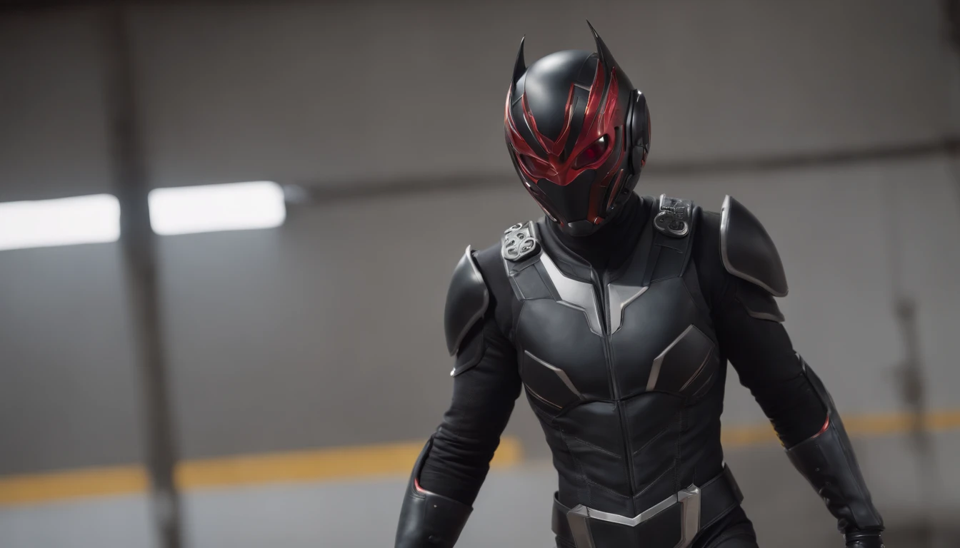 #quality(8k wallpaper of extremely detailed CG unit, masterpiece, hight resolution, top-quality, top-quality real texture skin,hyper realisitic, digitial painting,increase the resolution,RAW photosbest qualtiy,highly detailed,the wallpaper),solo,#1boy,(mature male,muscular,Faiz\(kamen rider 555\),black footwear,yellow eyes,black bodysuit,rider belt,gloves,helmet,armor,antennae,bodysuit,fighting stance,action pose,jumping kick:2.0,motion lines,motion blur on leg:1.6,red rays on foot),#background(big garage,inside)