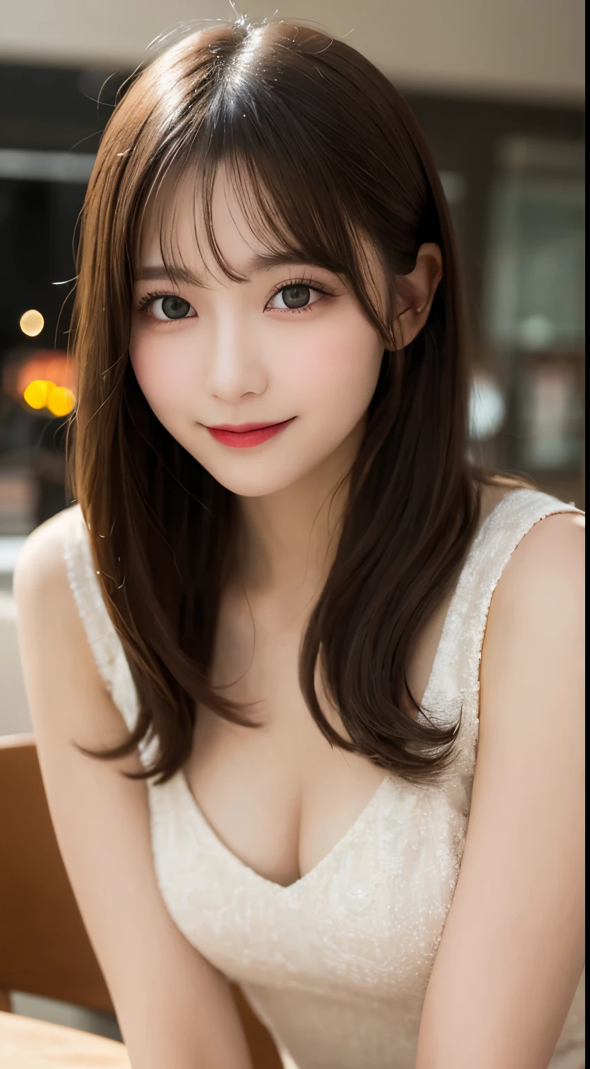 Tabletop, highest quality, shape, Very detailed, finely, High resolution, 8k wallpaper, 完璧なダイナミックな構shape, Beautiful and detailed,ランダムなcute髪,,Natural color lip, Bold sexy pose,smile、20-year-old girl、cute、Looking at the camera,Always blur the background,Perfect and beautiful face,Slim face and figure,Big eyes、Putting on gal makeup,Small face,Shooting from below、smile,Blurred Background,Elegant feminine face、Cyberpunk Fashion、smile
