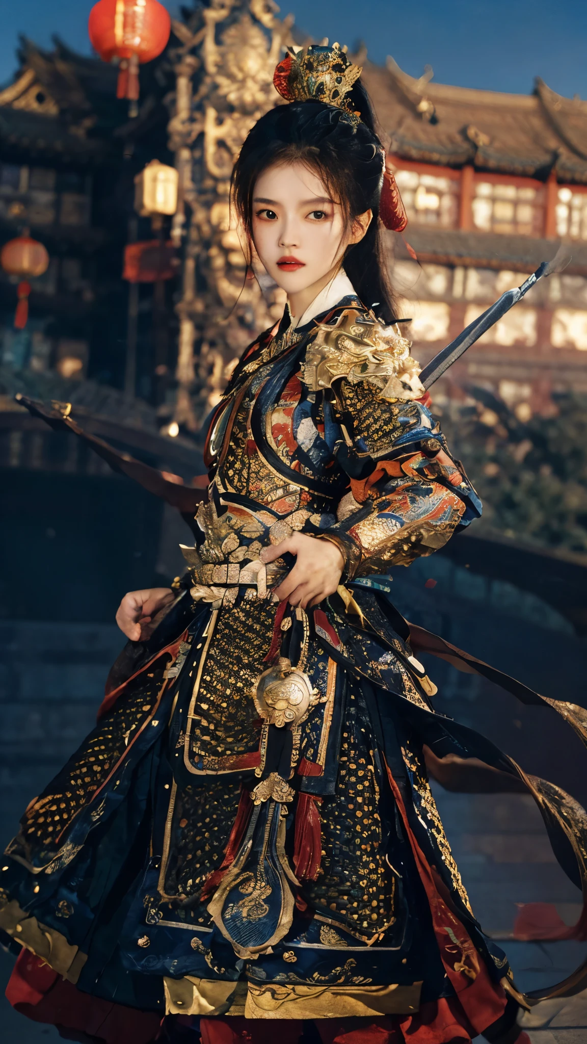 a 23 year old chinese girl,Chinese_armor,cowboy shot,dynamic angle,the most beautiful form of chaos,elegant,a brutalist designed,vivid colours, best quality, masterpiece, highres, absurdres, incredibly absurdres, huge filesize, wallpaper, colorful,8K,RAW photo