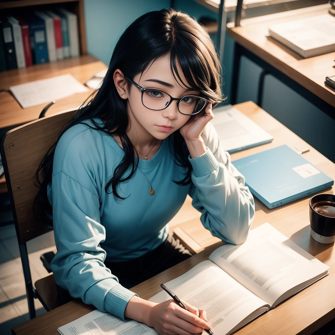 A person sitting at a desk in a study、An illustration showing people working with a relaxed expression