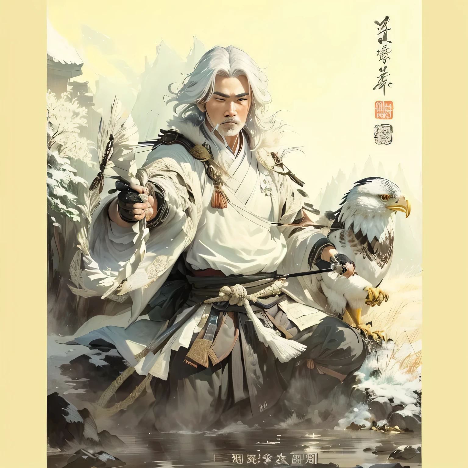 Man with a bow and arrow, Inspired by Wu Daozi, Inspired by Toshusai Sharaku, Inspired by Hu Baoshi, Inspired by Ryukosai Jokei, Inspired by Yosai Kikuchi, Inspired by Hu Zaobin, Inspired by Shunkōsai Hokushū,Black Hair,eagle,Dragon God,
