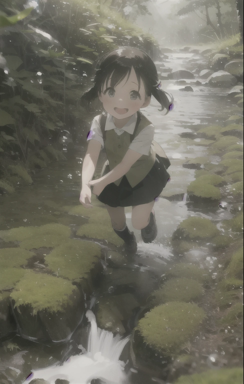 1girl,Stream,Moss,small pebble,Forest,Short Skirt,kid,Happy,Water,Bubble,paddy field, run