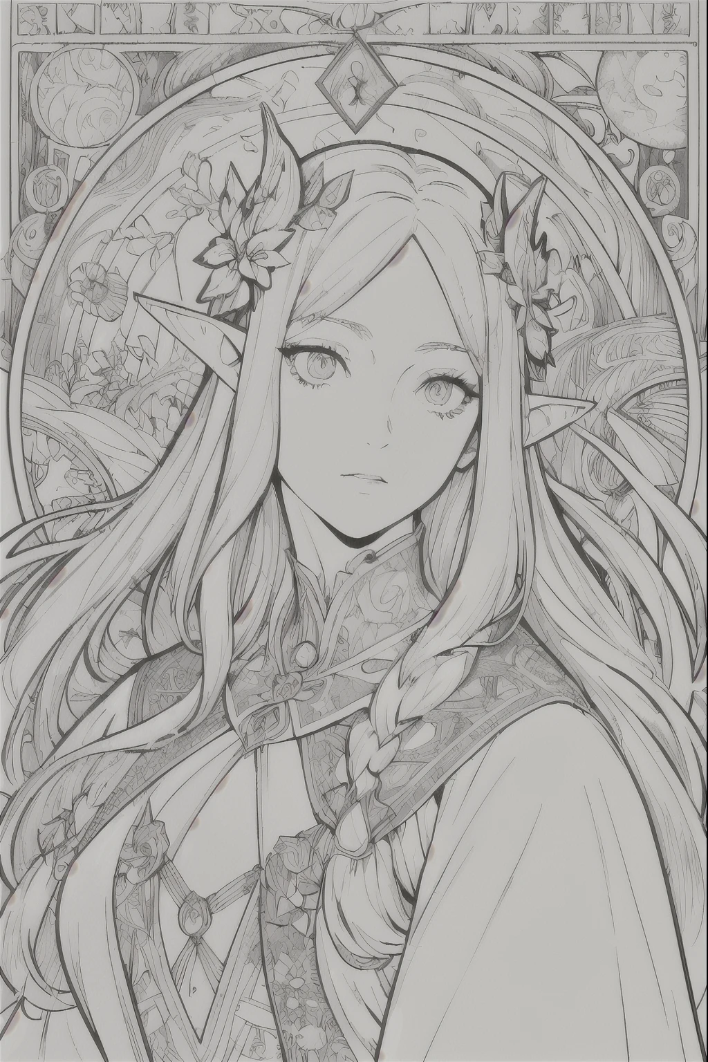 Tarot Cards, 1 Elf girl,Portrait of the face of a European elf,Shapeless long hair, Shiny skin, Detailed face, Wearing patterned robes, Sumeru,cloud, moon,((Tarot Cardsのレイアウト)),highest quality, masterpiece, (Realistic:0.6), Realistic lighting,Floral frame, Decorative panel, Abstract art, (Alphonse Mucha) (masterpiece, highest quality, 8k, Very detailed, Intricate details, 4K,Cerulean, Line art, Fibonacci.