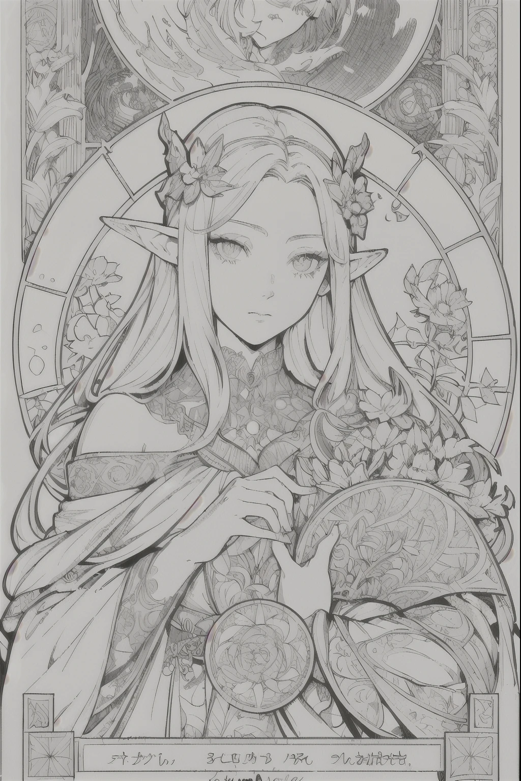 Tarot Cards, 1 Elf girl,Portrait of the face of a European elf,Shapeless long hair, Shiny skin, Detailed face, Wearing patterned robes, Sumeru,cloud, moon,((Tarot Cardsのレイアウト)),highest quality, masterpiece, (Realistic:0.6), Realistic lighting,Floral frame, Decorative panel, Abstract art, (Alphonse Mucha) (masterpiece, highest quality, 8k, Very detailed, Intricate details, 4K,Cerulean, Line art, Fibonacci.