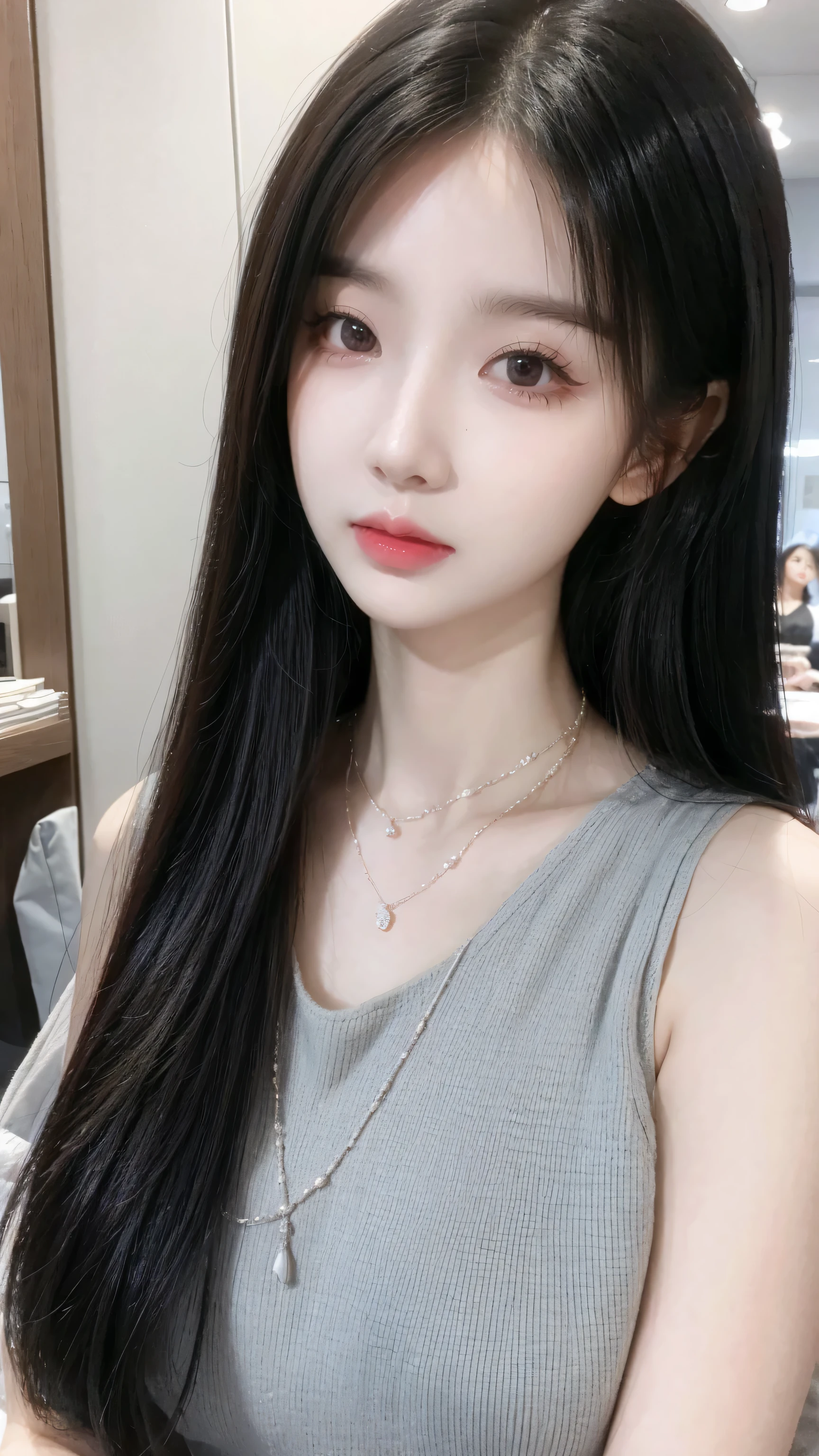 Alafid (arafed) Asian woman wearing necklace and grey vest, beautiful young Korean woman, gorgeous young Korean woman, beautiful south Korean woman, Korean Girl, a Young Asian woman, Korean woman, Young and cute Korean face, Portrait of a Korean female idol, Young Asian Girl, Beautiful Asian girl, Young Asian woman, Young cute pale Asian face