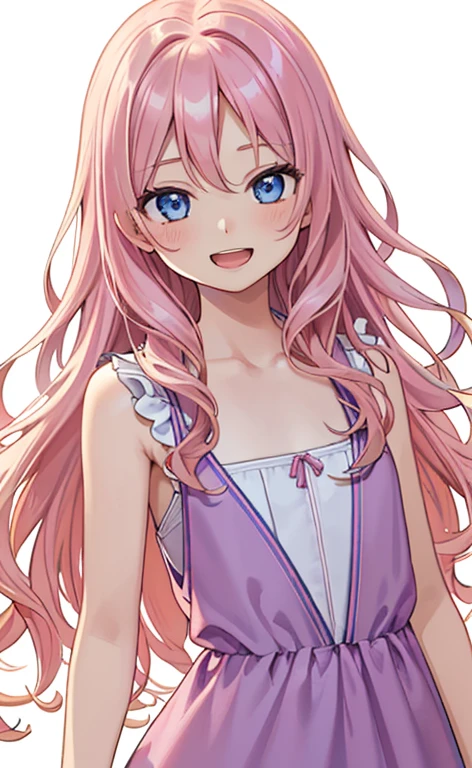(masterpiece:1.4、top-quality、illustration:,realistic、)、(character focus、,upper body:1.3)、(1girl),(Open mouth happy smile:1.3),(),cute face,blue eyes、(tareme:1.3)、
,(stand:1.4),(pink blonde hair),
,(slender),(loose dress:1.3),
(volumey,sidelocks,wavy hair:1.3), (flat chest:1.3)、
、slender、