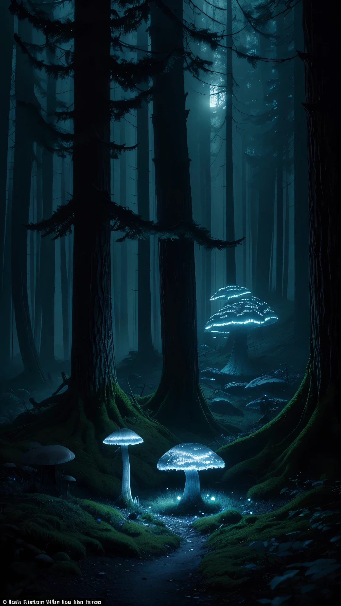 Eerie Beauty: A moonlit forest bathed in an ethereal glow, where ancient, gnarled trees twist into fantastical shapes. Wispy, bioluminescent mushrooms illuminate the forest floor, while a stack mushroom with piercing needles sprout from the shadows.