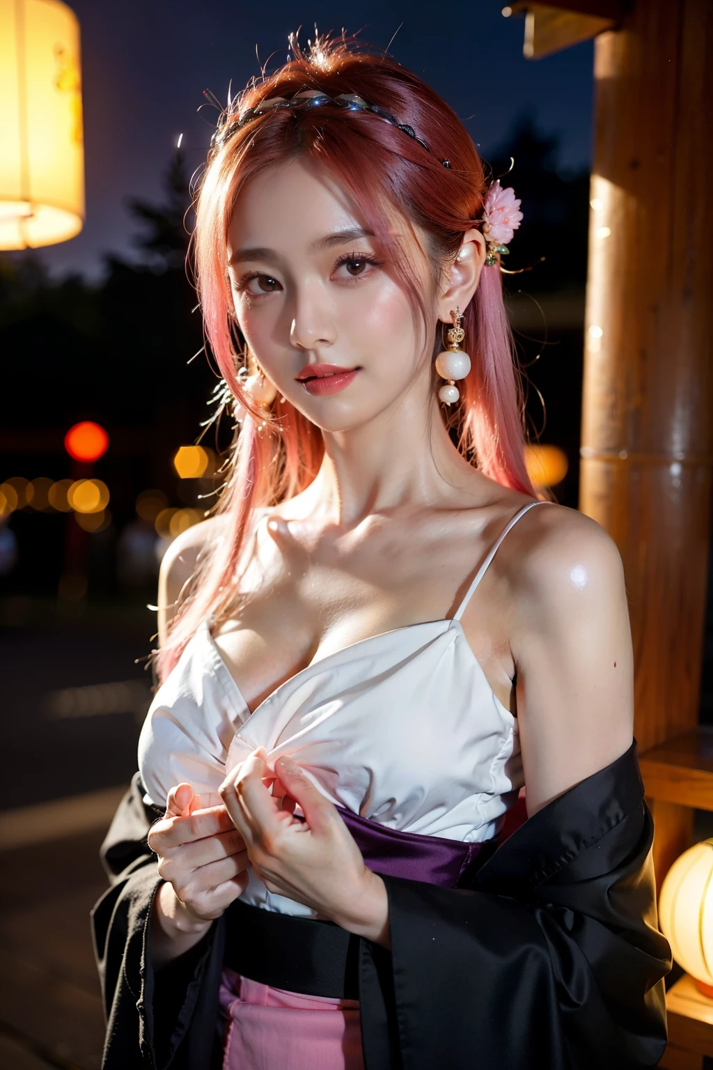 ((Moderate breathing)), 1 Girl, Yae Shrine Maiden, sleeve, Bare shoulders, Pink Hair, Long hair, Japanese clothing, best quality, (Hair accessories: 1.35), jewelry, Purple Eyes, earrings, breast, Torii, lantern, Depth of Field, Face focus, (audience: 1.25), Non-traditional witches, Glowing skin, long sleeve, Smile, East Asian Architecture, (Blurred background: 1.2),