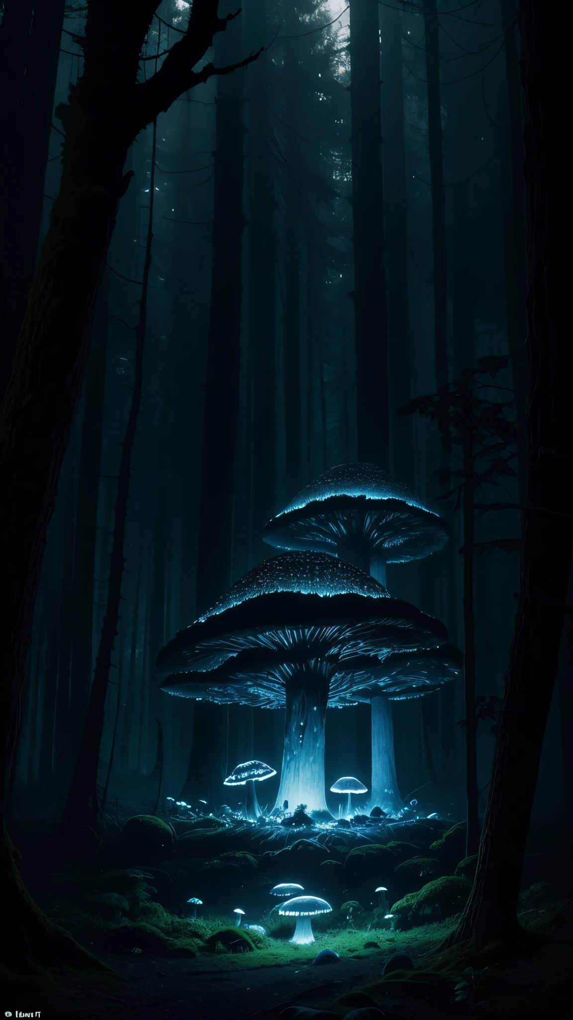 Eerie Beauty: A moonlit forest bathed in an ethereal glow, where ancient, gnarled trees twist into fantastical shapes. Wispy, bioluminescent mushrooms illuminate the forest floor, while a stack mushroom with piercing needles sprout from the shadows.