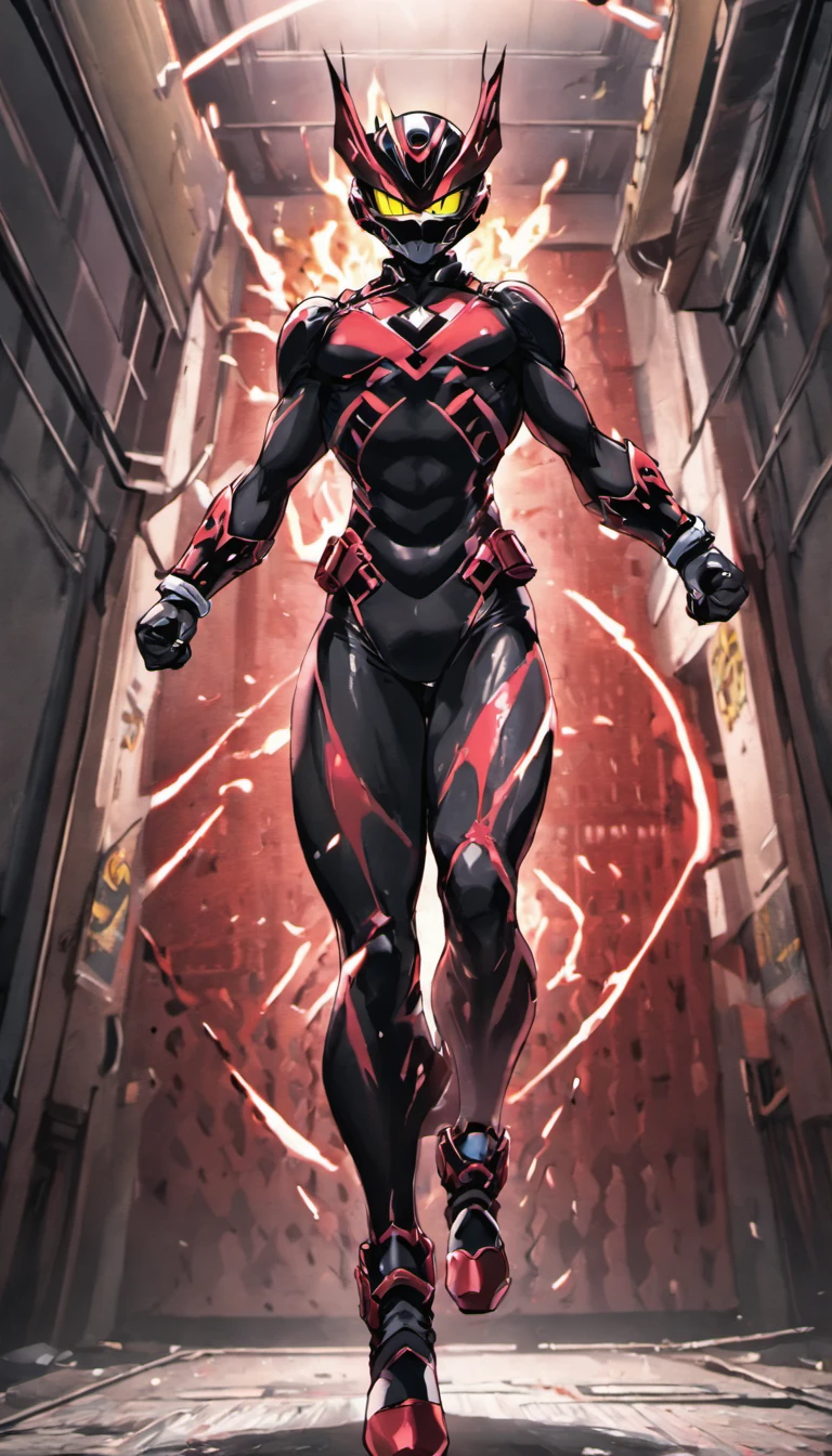 #quality(8k wallpaper of extremely detailed CG unit, masterpiece, hight resolution, top-quality, top-quality real texture skin,hyper realisitic, digitial painting,increase the resolution,RAW photosbest qualtiy,highly detailed,the wallpaper),solo,#1boy,(mature male,muscular,Faiz\(kamen rider 555\),black footwear,yellow eyes,black bodysuit,rider belt,gloves,helmet,armor,antennae,bodysuit,fighting stance,action pose,jumping kick:2.0,motion lines,motion blur on leg:1.6,red rays on foot),#background(big garage,inside)