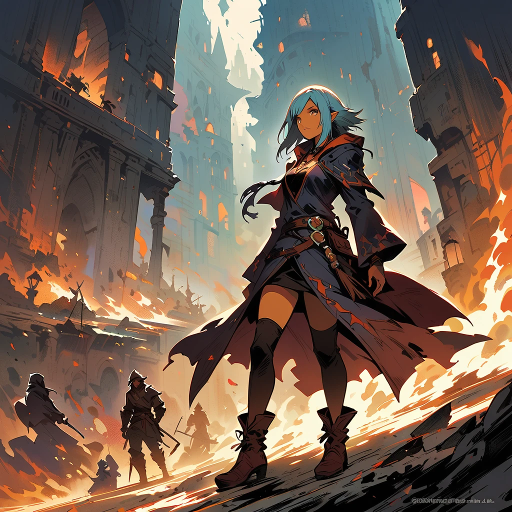 female drow cleric, with a dark fantasy illustration against an underground drow city, in the style of Yoji Shinkawa. Dragon Age concept art.