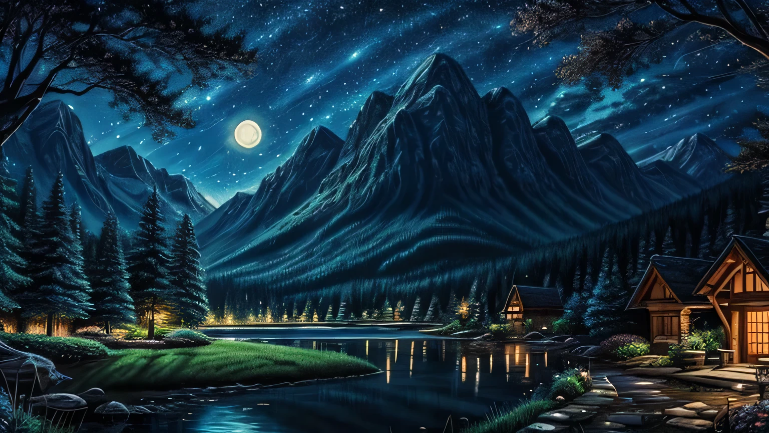 Beautiful landscape background wallpaper of Studio Ghibli, nature, Magic, anime, comics, night