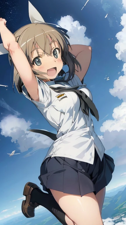 {(masterpiece,best quality, 8K UHD, extremely detailed CG, detailed beautiful face and eyes and skin and hair)}, {(ultra realistic photo graphic style:1.4)}, {(1girl free_fall from Altitude 10000m:1.2), (out of focus background:1.4)}, {1girl, 18yo, beasts_ears, beasta_tail}, (strike witches:1.2)}, {(cheerful:1.4), (candid shot)