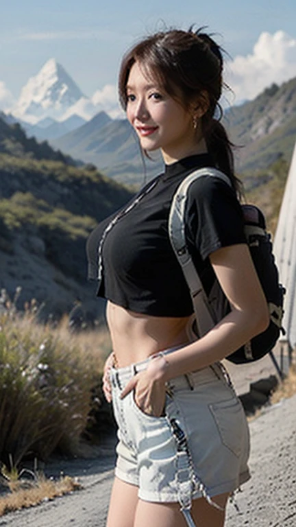 8k, top-quality, (pubic hair beauty)、hight resolution, 逼真, realperson, A beautiful, muscular woman carries a large amount of luggage on her back with special equipment as a job on a beautiful mountain road in the Alps.、((I'm desperately rushing and running as fast as I can))、Hurry、He wears tight shorts and a T-shirt that is so short that his stomach is exposed.、huge tit、A lot of sweat in the cleavage、Death Stranding