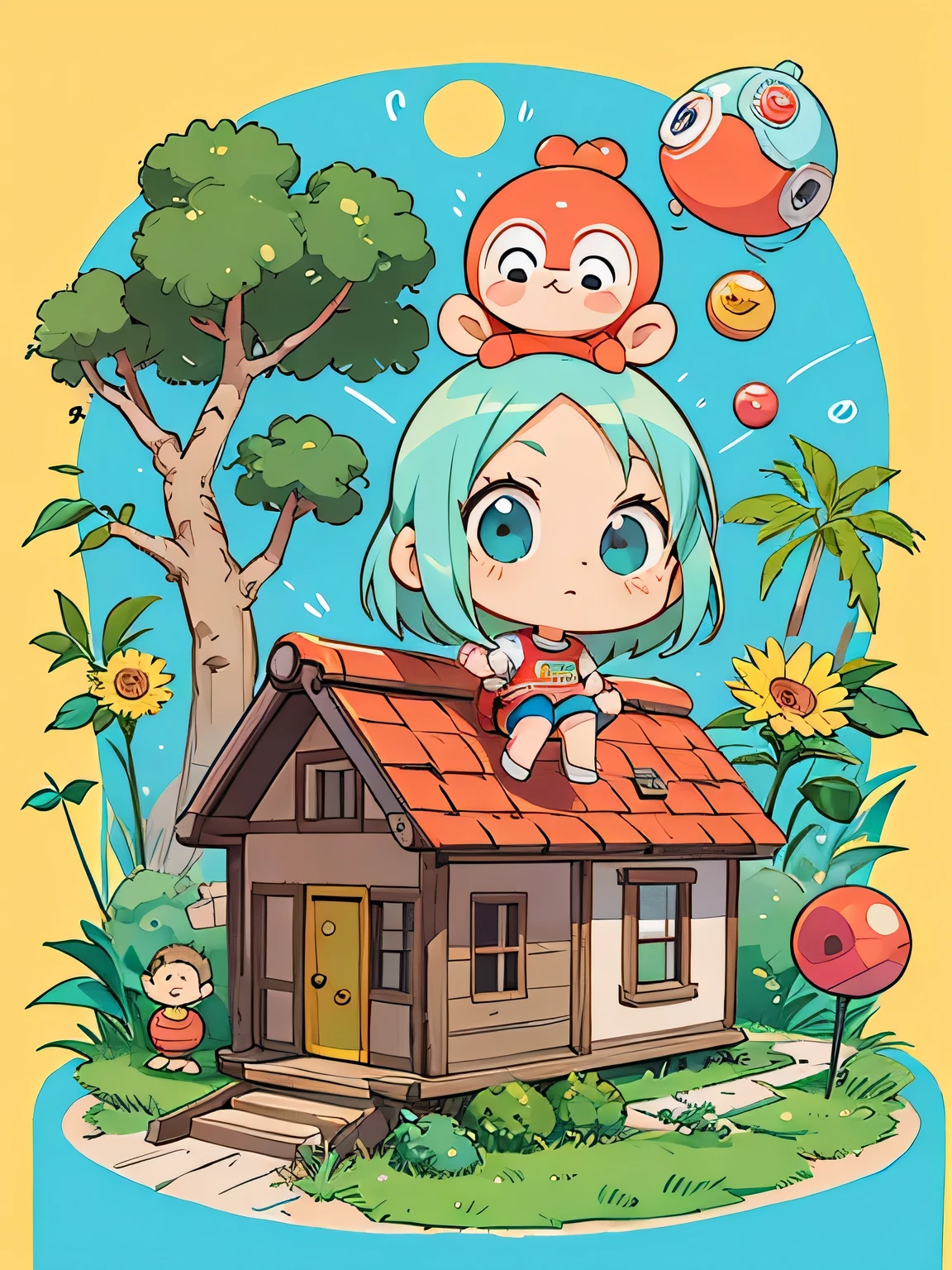 Akira Toriyama Style, Kawaii Design, most beautiful girl ever、Chibi, monkey, The house of the future、Mars