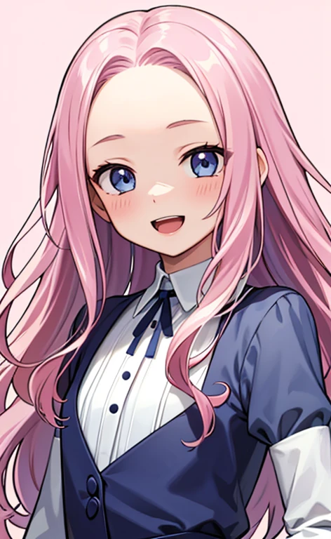 (masterpiece:1.4、top-quality、illustration:,realistic、)、(character focus、,upper body:1.3)、(1girl),(Open mouth happy smile:1.3),(),cute face,blue eyes、(tareme:1.3)、
,(stand:1.4),(pink blonde hair),
,(slender),(loose dress:1.3),
(forehead,volumey,sidelocks,wavy hair:1.3), (flat chest:1.3)、
、slender、