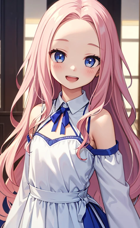 (masterpiece:1.4、top-quality、illustration:,realistic、)、(character focus、,upper body:1.3)、(1girl),(Open mouth happy smile:1.3),(),cute face,blue eyes、(tareme:1.3)、
,(stand:1.4),(pink blonde hair),
,(slender),(loose dress:1.3),
(forehead,volumey,sidelocks,wavy hair:1.3), (flat chest:1.3)、
、slender、