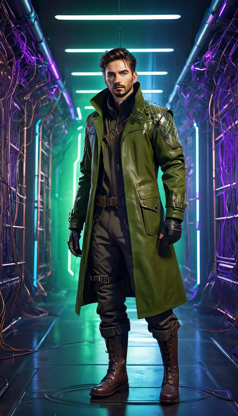 An adventurer of the virtual worlds, robust and determined, standing frontally in a walking stance, as if resolutely moving forward. A man in his late thirties, with angular features, slightly weathered by action. His hair is short, a mess of dark brown. His piercing green eyes scan the horizon with concentration.

He wears a hi-tech exploration suit with retro-futuristic influences. Tight-fitting olive-green trellis reinforced at the joints with copper alloy plates. A long stalking coat in supple dark-brown leather, lined with wires and braided lights at the back. Sturdy boots with luminous soles. Various bags and technical tools hang from a multifunction belt at his waist.

The background is a stylized, abstract digital environment that could be the interior of a computer network or three-dimensional cyberspace. A tangle of complex geometric structures in bluish and violet tones, with coded data effects in perpetual motion.

The graphic style must be realistic with a slightly stylized touch. Textures are worked in, especially on the clothes. The overall impression is one of perilous but exciting adventure in the heart of virtual worlds.